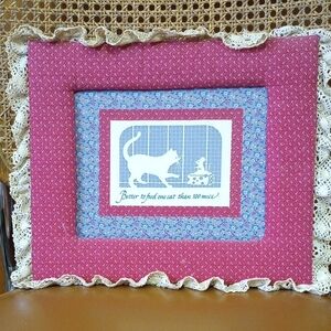 Vintage Decorative Fabric & Lace Floral Cat Wall Hanging, Kitten, Red Blue White